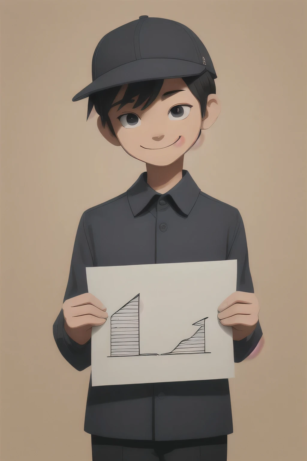 sd mai, flat illustration, Boy wearing houndstooth dark blue long sleeve shirt, ballcap || sd mai,(shading),(cool hairstyle),,(slightly smiling),(holding a single paper in hands),advertising, flat illustration, masterpiece, 8k, high resolution, shallow dep...