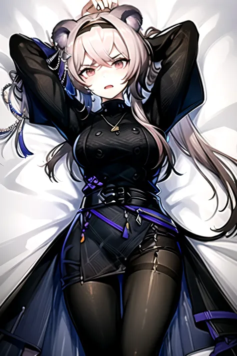 highest quality, masterpiece, High resolution, one person in, {Rin_Arknights:0.90}, 1 girl, black_dress, length_sleeve, looking for_in_Audience, cowboy_shot, ((open mouth)), lying, on back, sheets, on the bed, lying on back, ((arms over head)), ((armup)), ...