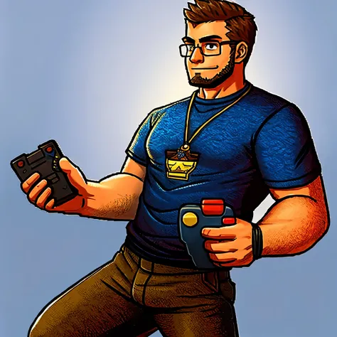 a man wearing glasses holding a video game controller