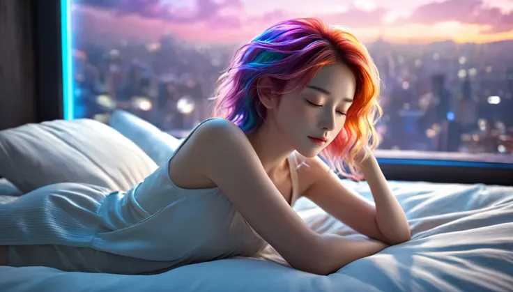 (best quality,8k,ultra-detailed:1.2),(CG,CG art,3D rendering),(masterpiece:1.2),(movie lighting,futuristic),(woman lying in bed,sleeping,closed eyes),(large window behind her,tranquil night),(colorful hair:1.5)
