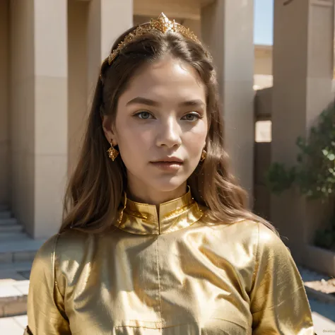 ((a beautiful fantasy empress)) (freckles:0.8)photo of a college student, in Desert Color Coarse Linen Pink,Desert Color Coarse Linen, (freckles:0.8) cute face, sci-fi, dystopian, detailed eyes, Heterochromia eyes((Side view))(Lunar soil)((Gold silk armor)...