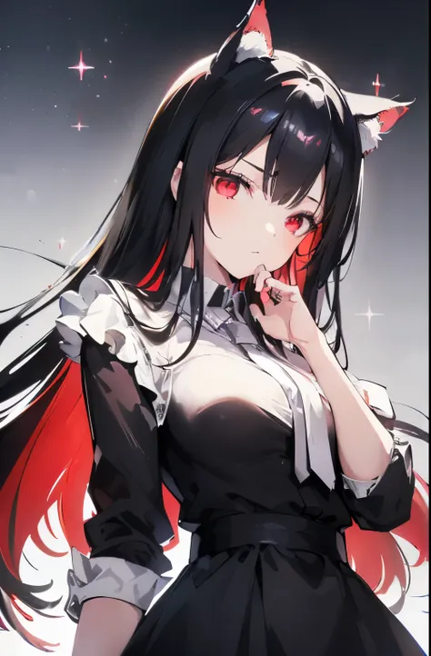 (cat girl), (smoking), cat ears, black hair, business casual attire, cool, red dress shirt, pretty red eyes, cat tail, ((crimson...