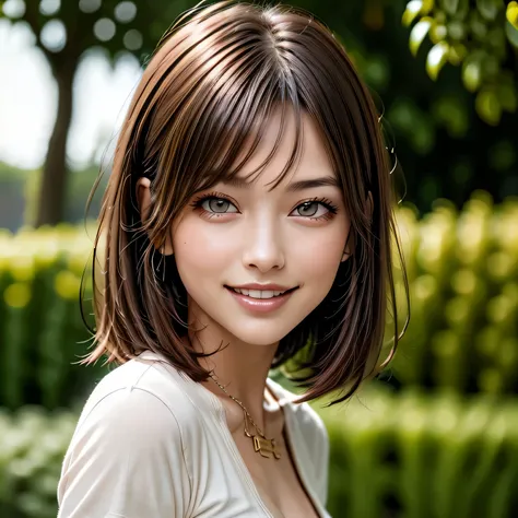 (8k, RAW Photos, highest quality, masterpiece, Realistic, Realistic), (1 female), (Ultimate beauty), Highly detailed face, (Perfect Teeth), Beautiful Eyes, double eyelid, eyelash, smile, Lip details, Brunette Bob, The light shines on your face, Big Breasts...