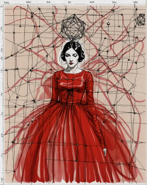 drawing of a woman in a red dress, tumblr, dada, vespertine, sketch of a lucid dream, wrapped in wires and piones
, geometrical ...