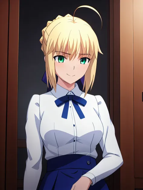 best quality, masterpiece, highres, ray_tracing_graphic, solo, adult_female, {saber_fatestaynightufotable:1.15}, blonde_hair, little_ahoge, green_eyes, blue_ribbon, 1girl, anime_coloring, upper_body, kuudere_face, little_smile, five_fingers, blush, large_b...