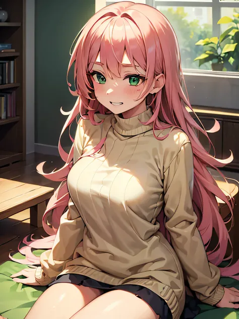 (masterpiece, best quality:1.4), 8k, light orange pink long messy Hair Mature medium chest Smirking teasing laughing Happy Loud Outgoing anime girl with Green Eyes in the Livingroom wearing a sweater (detailed eyes and face, sharp pupils, realistic pupils:...
