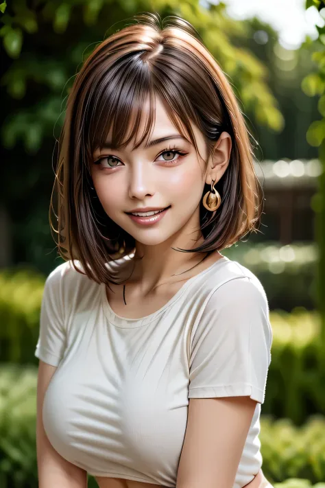 (8k, RAW Photos, highest quality, masterpiece, Realistic, Realistic), (1 female), (Ultimate beauty), Highly detailed face, (Perfect Teeth), Beautiful Eyes, double eyelid, eyelash, smile, Lip details, Brunette Bob, The light shines on your face, Big Breasts...