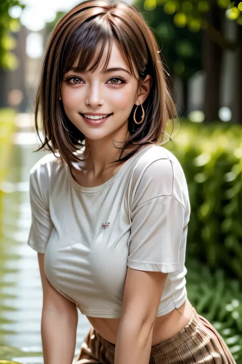 (8k, RAW Photos, highest quality, masterpiece, Realistic, Realistic), (1 female), (Ultimate beauty), Highly detailed face, (Perfect Teeth), Beautiful Eyes, double eyelid, eyelash, smile, Lip details, Brunette Bob, The light shines on your face, Big Breasts...