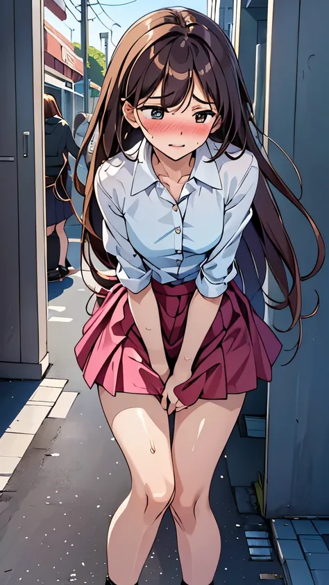 (ultra-detailed, best quality, anatomically perfect body), (small breast:1.3), shiny skin, (Various girls), girls from 15 to 25 years old, (have to pee:1.1), (urge to pee:1.3), (very desperate to pee:1.2), bladder full, (restroom entrance), waiting for res...