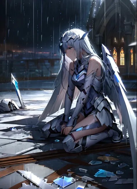 A girl, kneeling in the floor, wearing a ultra shattered and ultra broken skimpy angelical white armor,  lot of missing pieces, ,ultra long wings,  very damaged armor ,ripped clothes, broken helmet ,broken shield  and broken sword, in tears, sad, dramatic ...