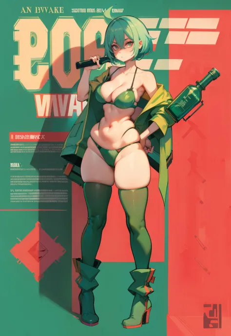 anime girl with green hair and red bra top holding a bottle, seductive anime girl, ross tran style, artwork in the style of guweiz, guweiz, ilya kuvshinov. 4 k, detailed digital anime art, inspired by Ross Tran, anime girl with teal hair, by Ross Tran, ani...