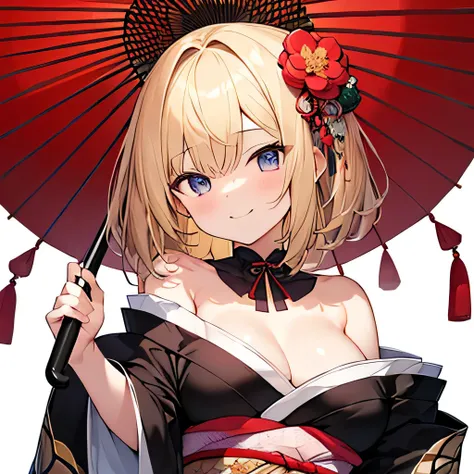 masterpiece、highest quality,Very detailed, Absurd beauty、(1 beautiful girl、Medium Hair、blonde、Very ample breasts)、Keep your head small、Flower pattern kimono、Oran Style、Accentuate your cleavage、Shoulder、A cloth wrapped around the bottom of the kimono、Holdin...