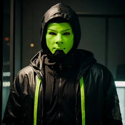 MALE CHARACTER, WITH HOOD, CYBERPUNK, NEON GREEN, MASK imagem ia