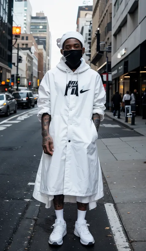 black boy, white Nike tennis shoes, white balaclava, white hat coat, rolled up sleeves, one arm with striking tattoos, high quality photo on New York street