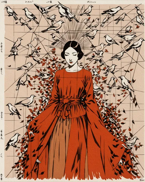 drawing of a woman surrounded by birds , satoshi kon artstyle, official illustration, punpun onodera, geometrical painted art il...