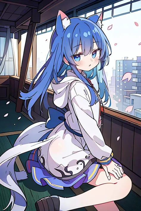 （masterpiece：1.2），Super detailed，lifelike，Expressive eyes，fair skin，perfect face shape，1 girl，
Japanese comics,Gorgeous blue hair,flowing blue hair,flowing clothes,Cat ears,Petals fall,beautiful lola,Baby Angel,
Shaking head with one hand，Cross your legs，G...