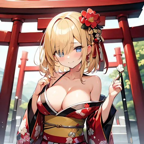 masterpiece、highest quality,Very detailed, Absurd beauty、Big red torii gate、Standing under the torii gate、(1 beautiful girl、Medium Hair、One eye is hidden,blonde、Very ample breasts)、Narrow eyes、Keep your head small、Flower pattern kimono、Oiran style、Accentua...