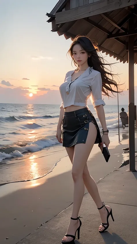 view from below,sunset summer beach background,full body,(tall girl:1.2),wave hair,girl,mini skirt,wet croped shirt,(high heel:1.2),walking,slim legs,big breasts,