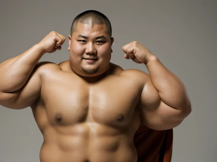 A young monk from ancient Japan, who looks like a fat bodybuilder like a sumo wrestler、A young monk from ancient Japan, looking like a fat bodybuilder like a sumo wrestler, standing with his arm around his shoulders in joy
