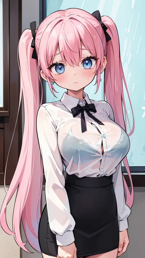 (masterpiece、highest quality、Super detailed)、((One girl))、((Pink Hair))、((Twin tails))、((Light blue eyes))、blush、Closed Mouth、((Watery eye))、Earrings、((Very large breasts))、((White shirt))、Long sleeve、(Bra visible through clothes:1.0)、((Black Pencil Skirt)...