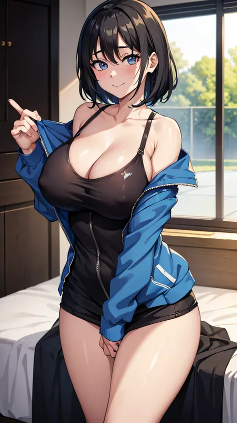 (((masterpiece))),fuyumi itadori, Anime girl characters, 1girl, solo, looking at viewer, medium hair long sleeves, cleavage, bigger breasts, closed mouth, collarbone, jacket, open clothes, open jacket, blue jacket, ground vehicle, sports bra, tall girl, ho...