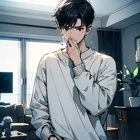 A black hair，18-year-old man in white sweater，Standing in the living room of the house，Cover your mouth with your hands when coughing，Sad expression，Laugh and cry，Tears（Upper body display：1.5）（cinematic lighting：1.5）)(ultra-high detail:1.5)(best quality:1....