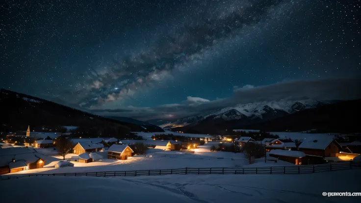 snow，night，village，starry sky