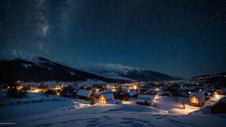 Snow，night，village，Starry Sky