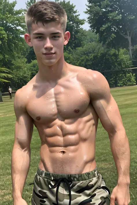 a shirtless 19-year old handsome caucasian male in faded haircut, camouflage pants, camouflage boots, cute, handsome face, six-pack abs, beautiful body, well-defined body, sweating profusely, dripping with sweat, drenched with sweat, exhausted, shirtless, ...