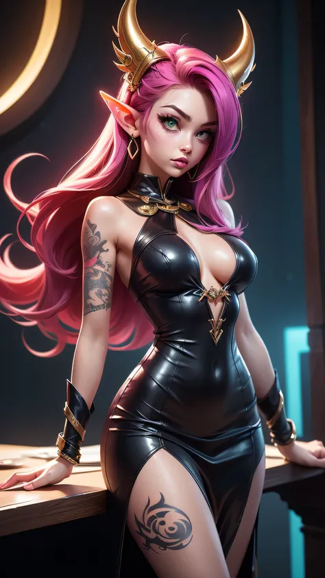 There is futuristic neon bar, near bar table stand elf female, she have a beautiful face with green eyes long pointy ears with lot of golden earring on them red eye shadows and lips, main colour of her hair is red with purple highlights lines, she dressed ...