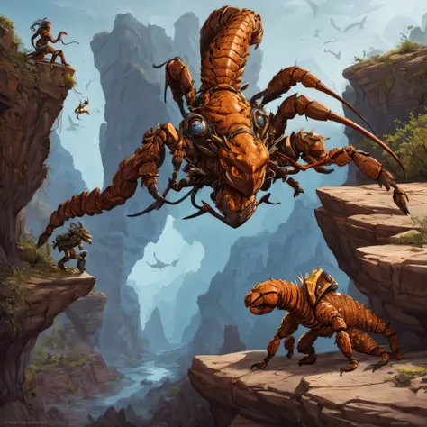 in a rocky canyon, a creepy stone scorpion hides, ready to ambush a female adventurer. the scorpion is incredibly detailed, with...