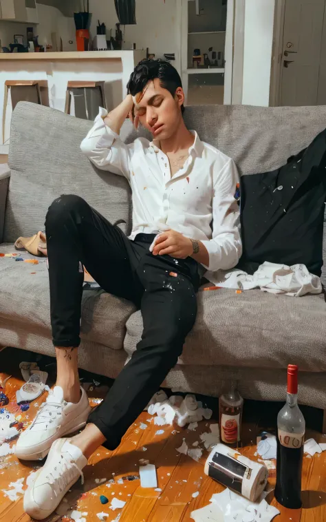 Lucas is Spanish, 22 years old, short black hair, dark brown eyes, dressed in black pants and a white shirt, white shoes. He is lying down, having a headache, on the living room couch in an apartment after a party, messy with scattered bottles, confetti, a...