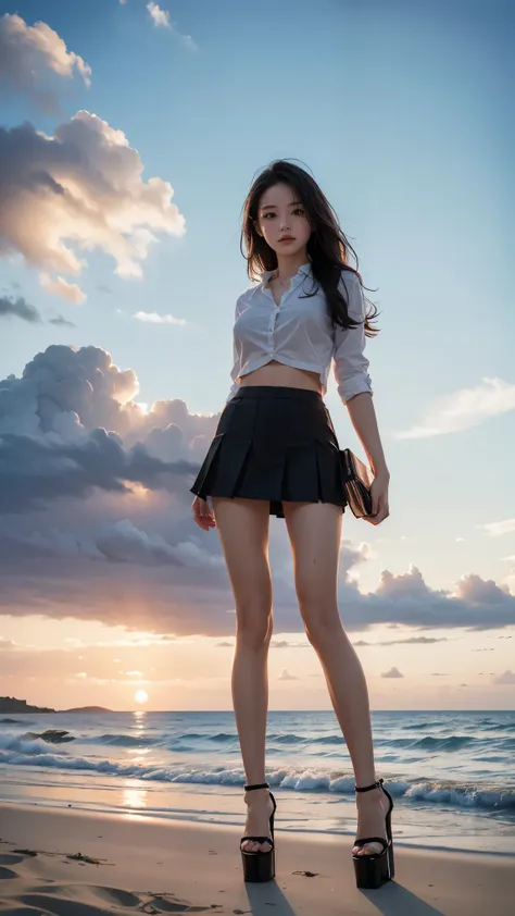 view from below,sunset summer beach background,full body,(tall girl:1.2),wave hair,girl,mini skirt,wet croped shirt,(high heel:1...