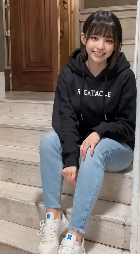 highest quality, Realistic, Very detailed, Finer details, High resolution, 8k wallpaper, One beautiful woman,Sit on the stairs、（Wear black socks）smile、（Beautiful teeth alignment、）（Gums are visible） Oversized hoodie, Skinny jeans,（ Black sneakers）、Black Hai...