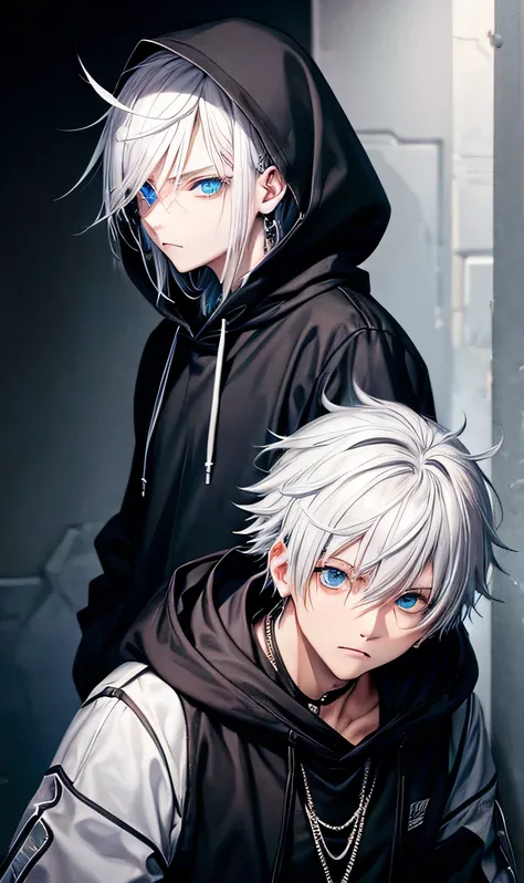 Black hoodie,Wearing a hood,
male,silver hair,Spiky Hair,Visual Kei,On the face,Slums,Beautiful Blue Eyes,Jewelry Eye,