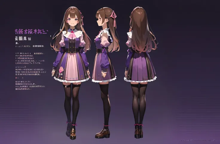 (masterpiece:1.2, best quality), 1woman, tall, adult, cute face, big eyes, round cubby cute face, smile, long legs, full body, adult mature female (long Brown hair, (brown-pink mullet 1.1)), ( long hair), purple eyes, (purple pupil,) Lolita, dress Lolita, ...