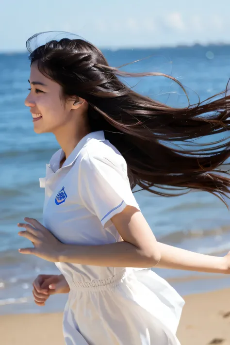 Profile of a beautiful high school girl running on a dazzling sandy beach、Her long hair is swaying in the wind。White Uniform。The sea is visible in the background