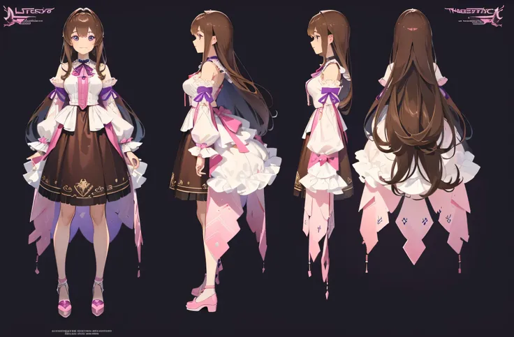 (masterpiece:1.2, best quality), 1woman, tall, adult, cute face, big eyes, round cubby cute face, smile, long legs, full body, adult mature female (long Brown hair, (brown-pink mullet 1.1)), ( long hair), purple eyes, (purple pupil,) Lolita, dress Lolita, ...