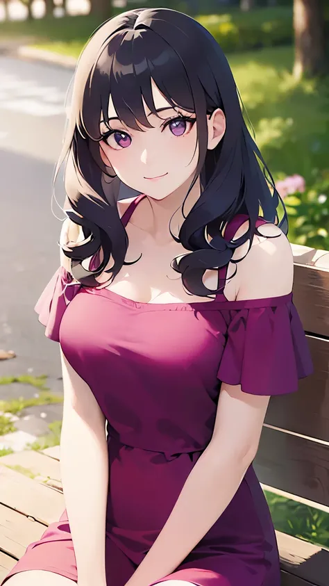 Upper Body, Realistic, real person, (pale skin: 1.2), RAW photo, photorealistic, portrait photography, shiny skin, shiny hair、(A 25-year-old woman with wavy hair and bangs) and (medium hair) and (black hair) and (purple eyes) , (pink dress) and (Off the sh...