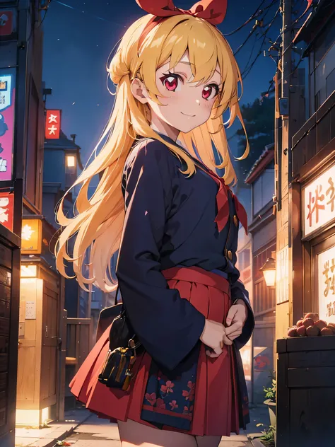 absurdres, absolutely resolution, incredibly absurdres, highres, ultra detailed, official art, unity 8k wallpaper,
BREAK
1 girl, soro, long hair, blonde hair, bow,Blue kimono blazer:1.6, kimono skirt, over black legwear,, doyagao, smile, red eyes, Blue kim...