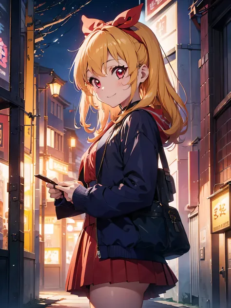 absurdres, absolutely resolution, incredibly absurdres, highres, ultra detailed, official art, unity 8k wallpaper,
BREAK
1 girl, soro, long hair, blonde hair, bow,Blue kimono blazer:1.6, kimono skirt, over black legwear,, doyagao, smile, red eyes, Blue kim...