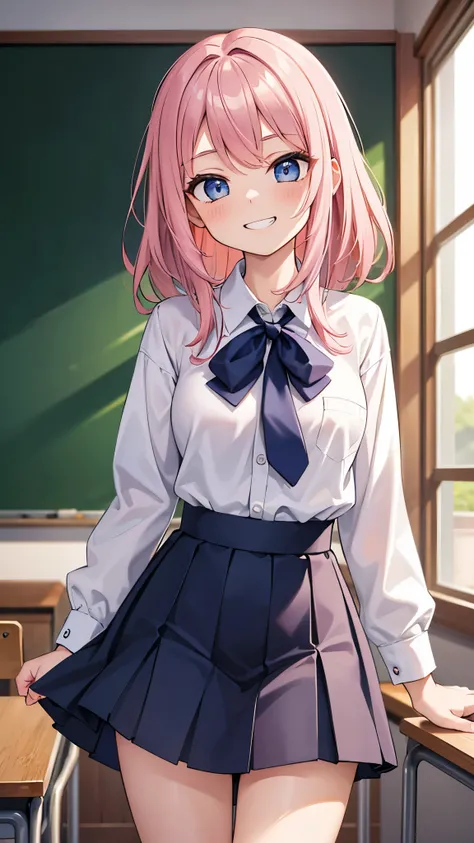 masterpiece, highest quality, figure, classroom, One girl, Cowboy Shot, Detailed medium pink hair, Narrowed blue eyes, , Wear a white collared shirt, Navy Mini Skirt, Grin