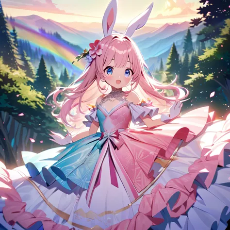 ``Japanese anime character, cute rabbit in pink color, beautiful adorable rabbit wearing an elegant and elaborate Hawaiian dress, the dress must have intricate designs and patterns to give it a luxurious and exclusive look. In the background, the image sho...