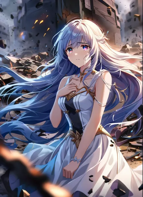 A monark girl in a godess delicate cute white sexy dress, detailed fornitures, in the middle of battlefield, emotions, flowing hair, intense eyes, smoke and debris, defeated army, fallen soldiers, chaos, sadness, sorrow, tears flowing in the face