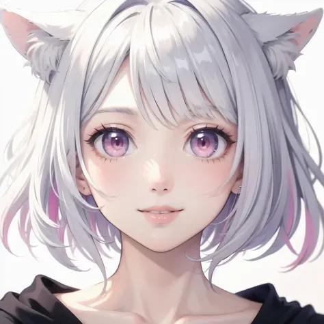 ((best quality)), ((masterpiece)), (detailed), perfect face. White hair. Short hair. Inner pink. Anime girl. Pink eyes. Nekomimi. Smile.