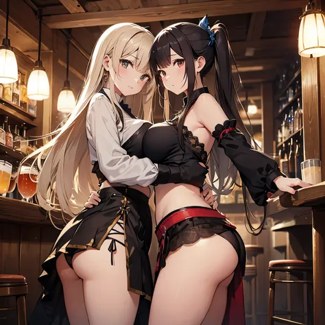 A group of female dancers set in a medieval fantasy setting、 (At the pub), Mr.々Hair style, Harem, night, Detailed aspect, skirt, Seduce, No sleeve、showing off panties、Huge Breasts、Big Ass、wide waist width、skirtをたくし上げている