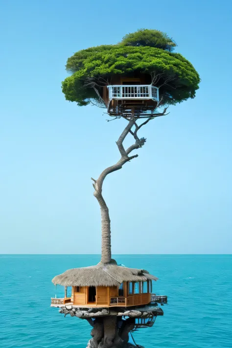 Perfection The Coolest tree house on a large rock in the middle of the sea with flowers in front of the house and trees on both sides of the house