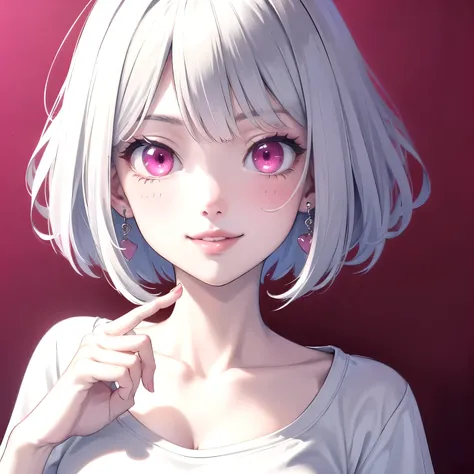 ((best quality)), ((masterpiece)), (detailed), perfect face. White hair. Short hair. Inner pink. Anime girl. Pink eyes. Glowing eyes. Nekomimi. Smile. T-shirt.