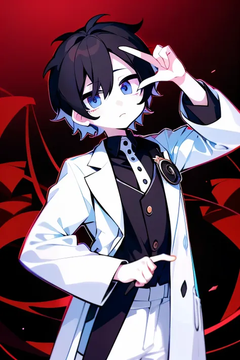 黒い髪のshort hairで写真のポーズをとるアニメの男の子, black hair, white coat, black haired , short hair, short hair, anime moe art style, 2d animatio...