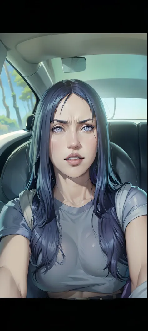 hinata hyuga, extremamente realista, muito linda, em um carro, cabelo liso